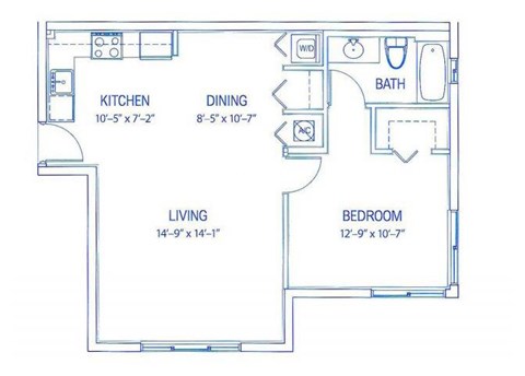 Floor plan for 1 bed, 1 bath, 671 sqft