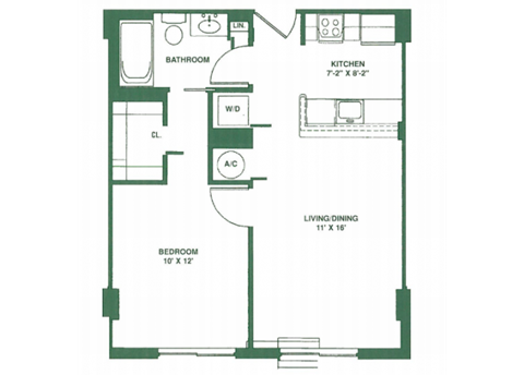 Floor plan for 1 bed, 1 bath, 540 sqft