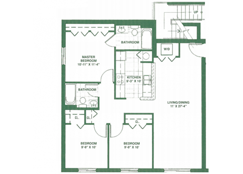 Floor plan for 3 beds, 2 baths, 902 sqft