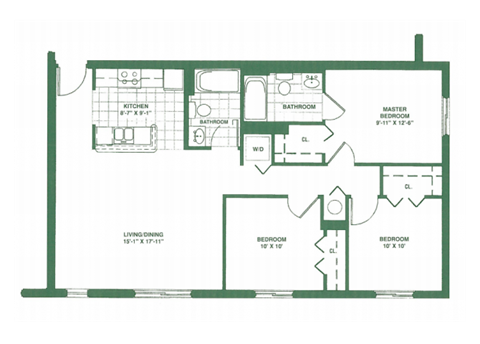Floor plan for 3 beds, 2 baths, 929 sqft