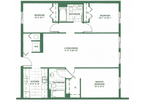 Floor plan for 3 beds, 2 baths, 1001 sqft