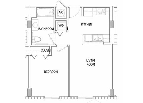 Floor plan for 1 bed, 1 bath, 587 sqft