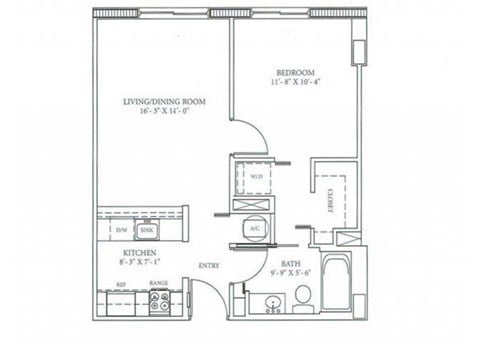 Floor plan for 1 bed, 1 bath, 510 sqft