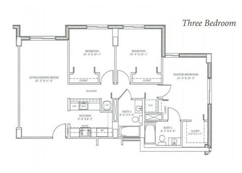 Floor plan for 3 beds, 2 baths, 992 sqft