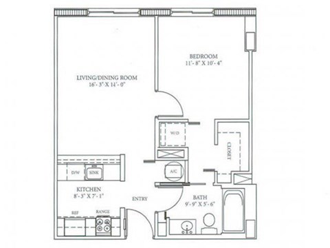 Floor plan for 1 bed, 1 bath, 510 sqft