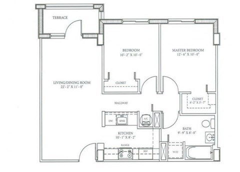 Floor plan for 2 beds, 1 bath, 792 sqft