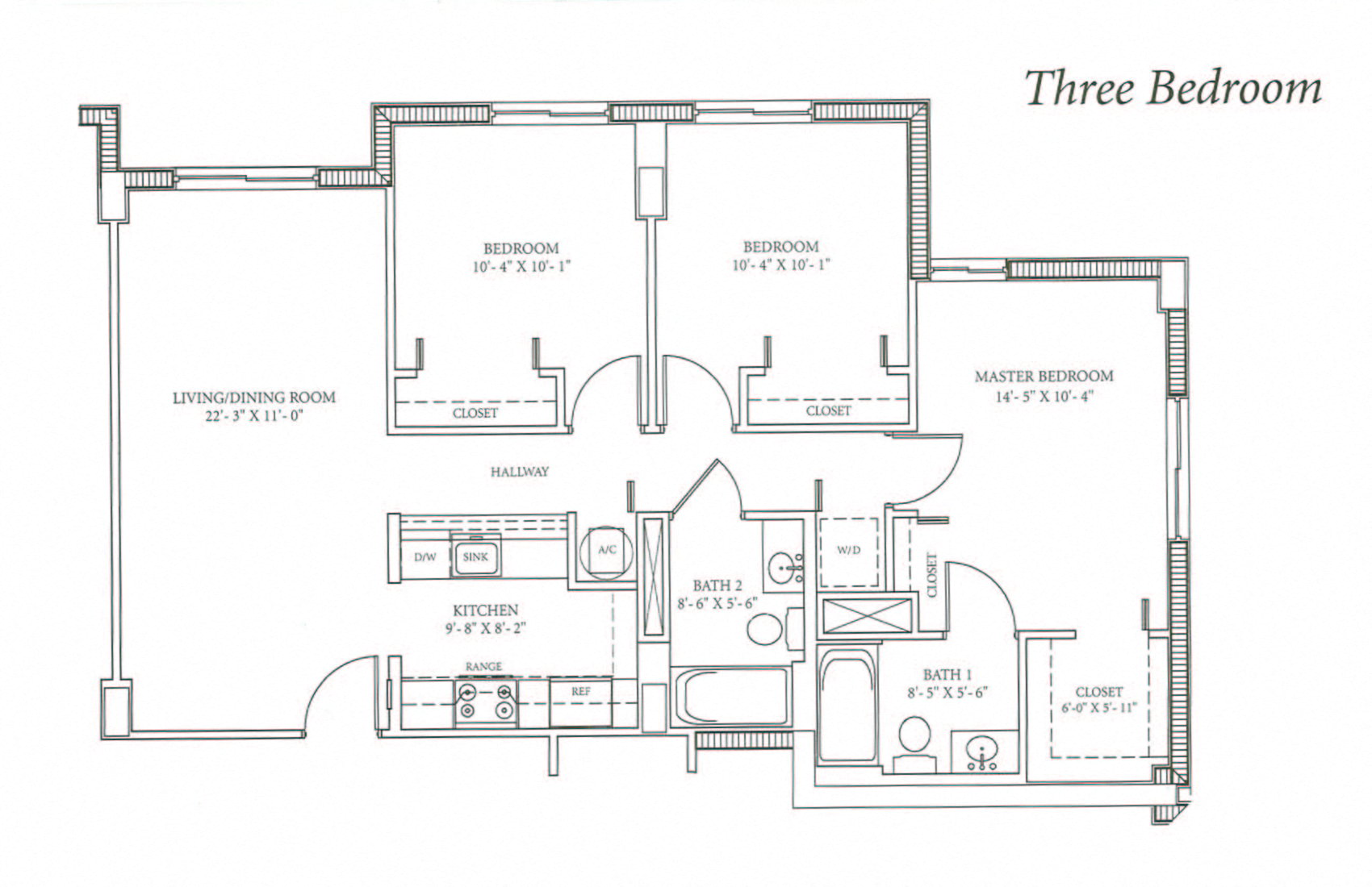 Floor plan for 3 beds, 2 baths, 992 sqft