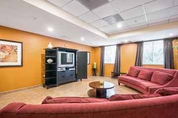 Miami apartment for rent - a living room with red couches and a television