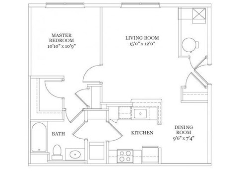 Floor plan for 1 bed, 1 bath, 650 sqft