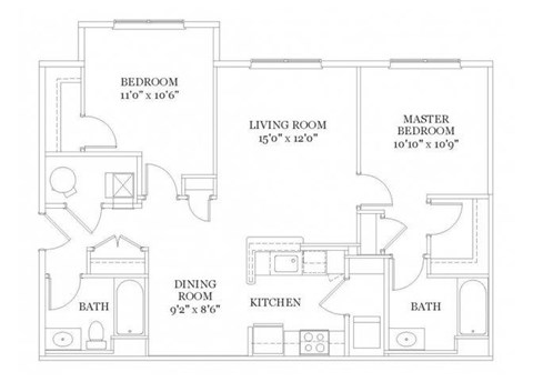 Floor plan for 2 beds, 2 baths, 925 sqft