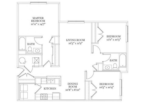 Floor plan for 3 beds, 2 baths, 1150 sqft
