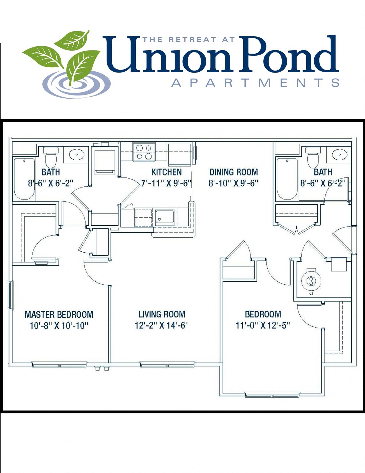 Floor plan for 2 beds, 2 baths, 995 sqft