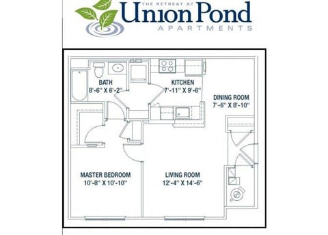 Floor plan for 1 bed, 1 bath, 665 sqft