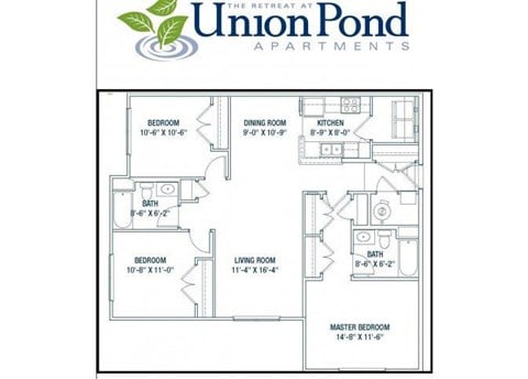 Floor plan for 3 beds, 2 baths, 1195 sqft