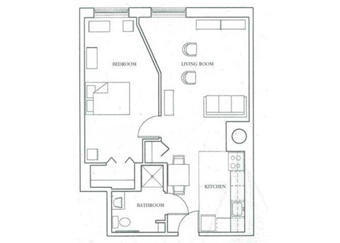 Floor plan for 1 bed, 1 bath, 500 sqft