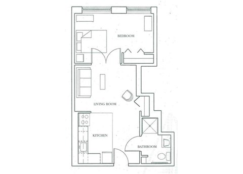Floor plan for 1 bed, 1 bath, 500 sqft