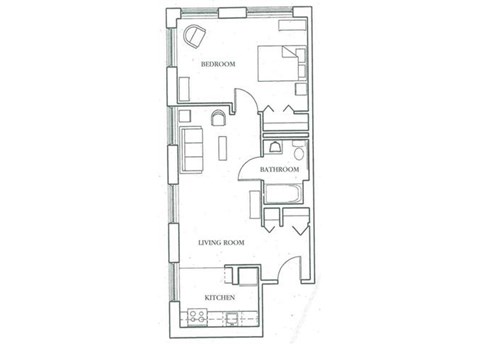 Floor plan for 1 bed, 1 bath, 500 sqft