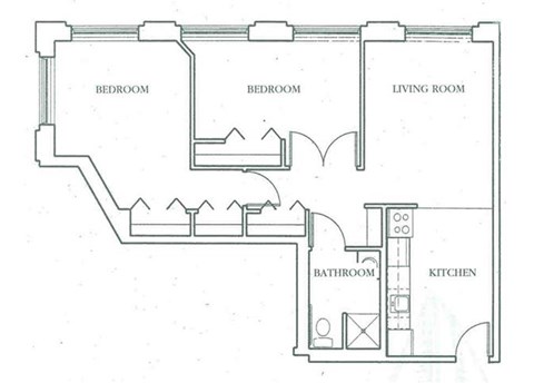 Floor plan for 2 beds, 1 bath, 725 sqft