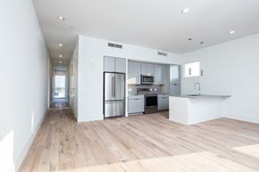 New Orleans apartment for rent - an empty living room with a kitchen with stainless steel appliances
