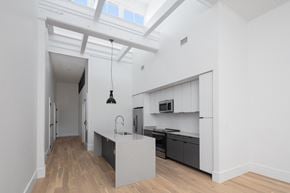 New Orleans apartment for rent - an open kitchen with white walls and black cabinets and a white counter top