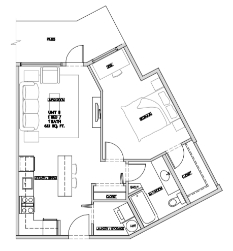 Floor plan for 1 bed, 1 bath, 632 sqft