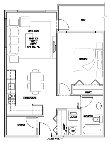 Floor plan for 1 bed, 1 bath, 658 sqft