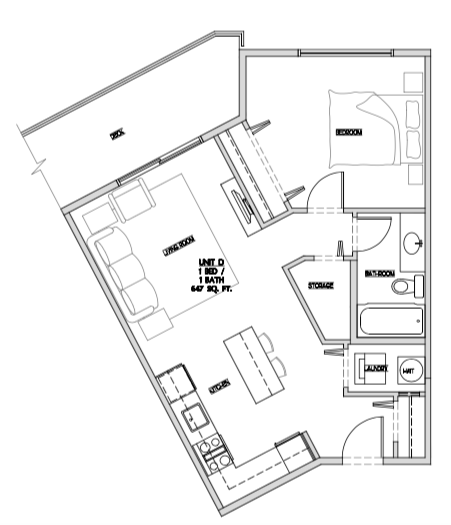 Floor plan for 1 bed, 1 bath, 658 sqft