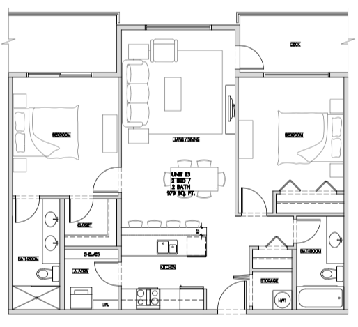 Floor plan for 2 beds, 2 baths, 989 sqft