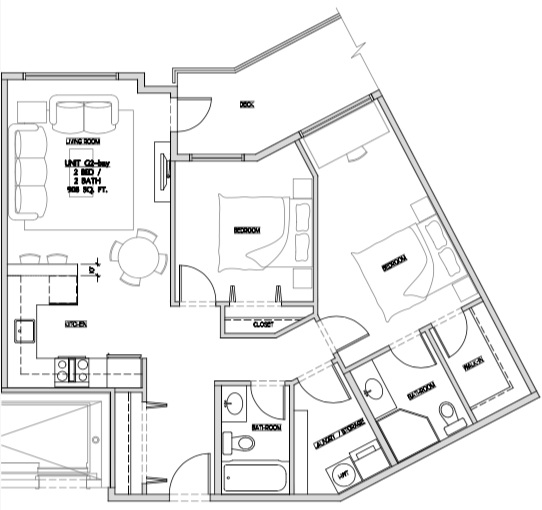Floor plan for 2 beds, 2 baths, 908 sqft