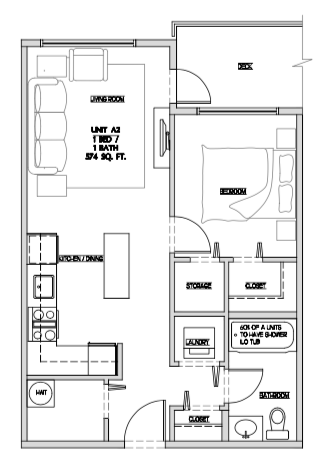Floor plan for 1 bed, 1 bath, 584 sqft