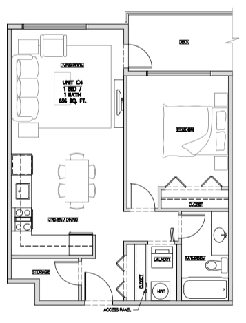 Floor plan for 1 bed, 1 bath, 656 sqft