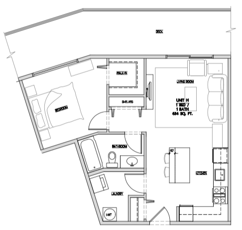 Floor plan for 1 bed, 1 bath, 634 sqft