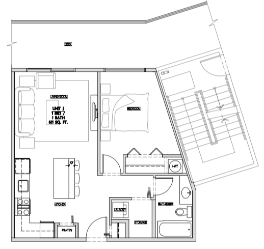 Floor plan for 1 bed, 1 bath, 611 sqft