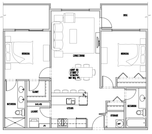 Floor plan for 2 beds, 2 baths, 962 sqft