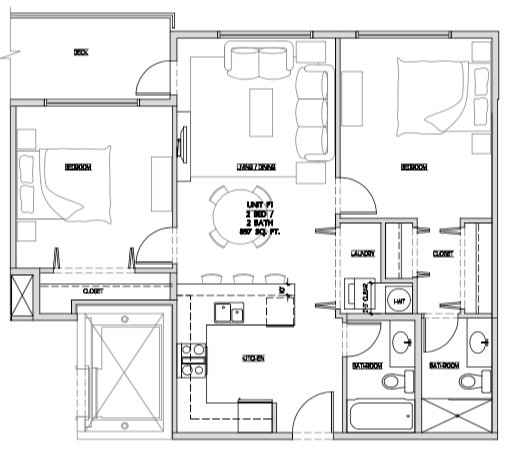 Floor plan for 2 beds, 2 baths, 897 sqft
