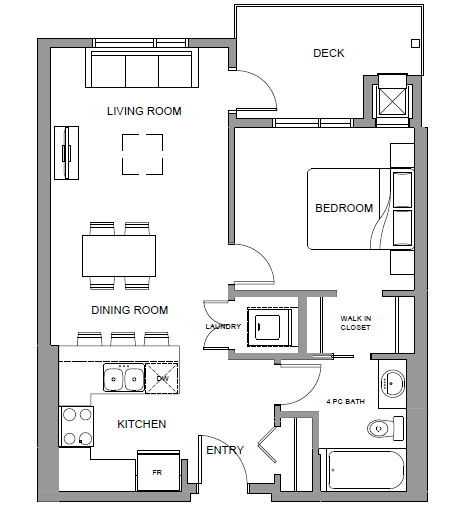 Floor plan for 1 bed, 1 bath, 610 sqft