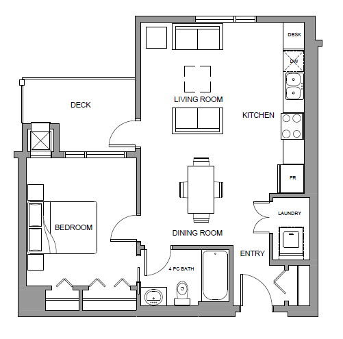 Floor plan for 1 bed, 1 bath, 660 sqft