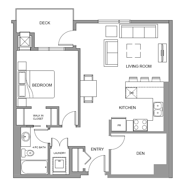 Floor plan for 1 bed, 1 bath, 752 sqft