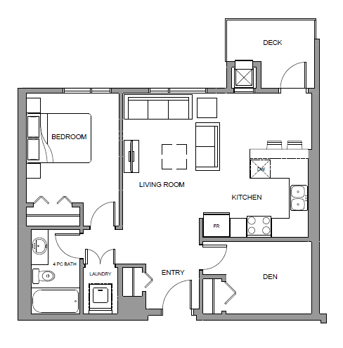 Floor plan for 1 bed, 1 bath, 707 sqft
