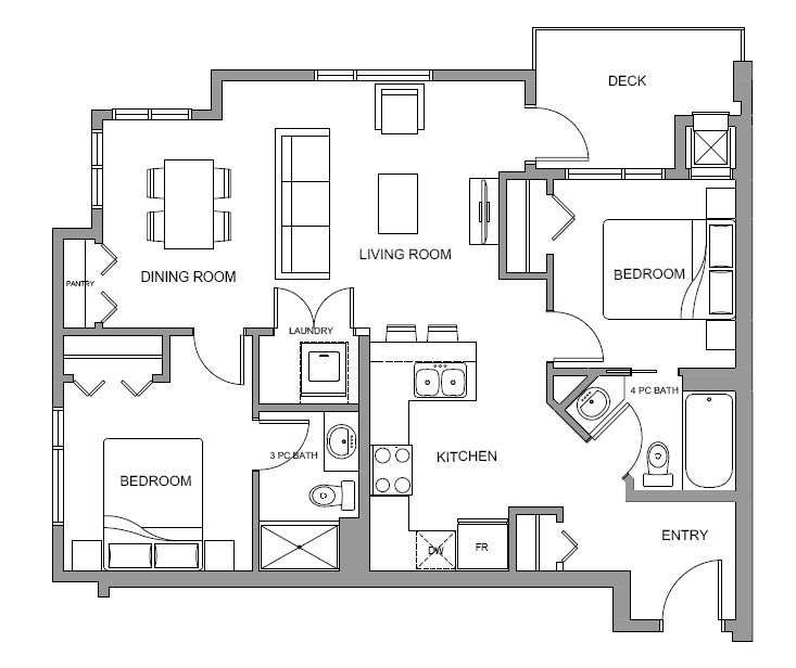 Floor plan for 2 beds, 2 baths, 838 sqft