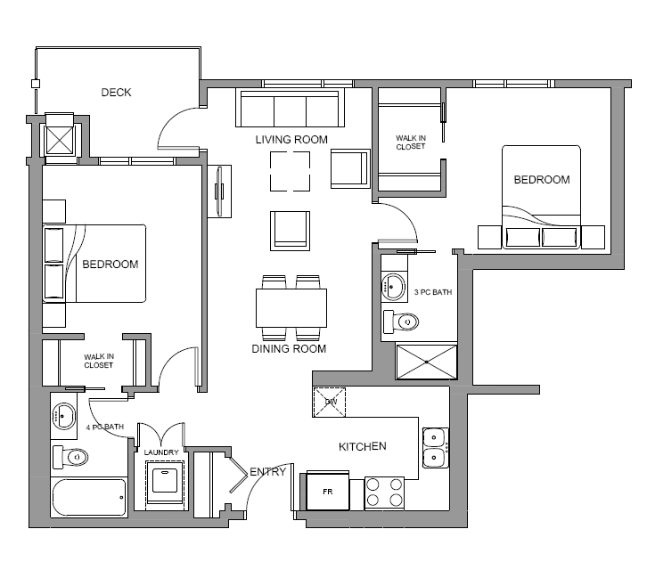 Floor plan for 2 beds, 2 baths, 841 sqft