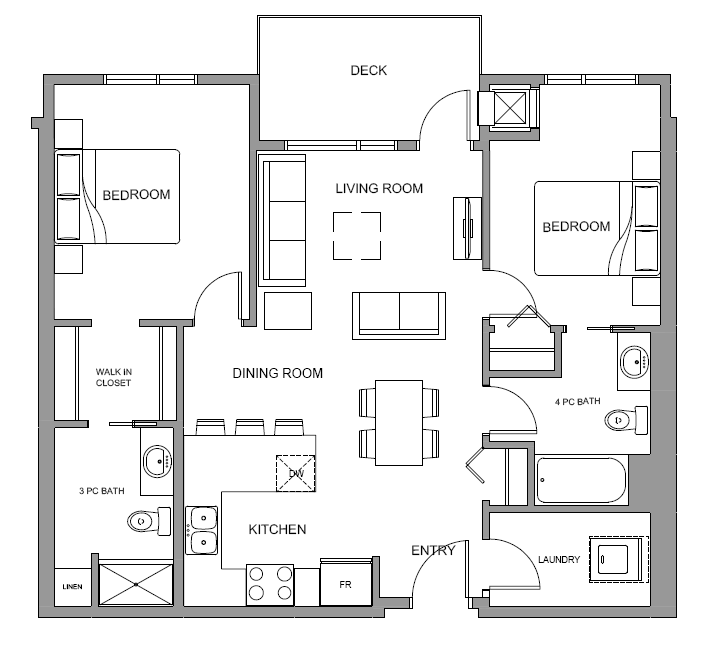 Floor plan for 2 beds, 2 baths, 898 sqft