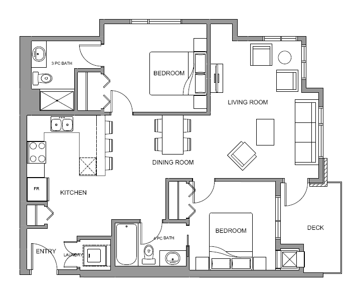 Floor plan for 2 beds, 2 baths, 923 sqft