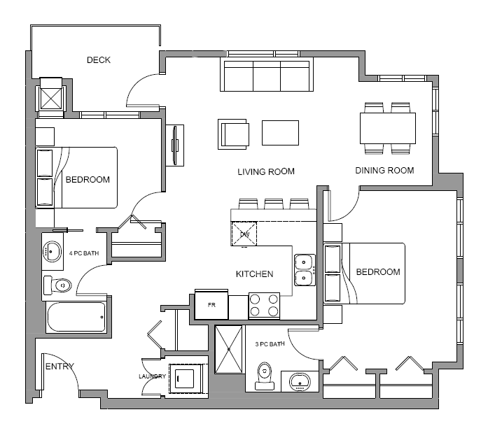 Floor plan for 2 beds, 2 baths, 933 sqft