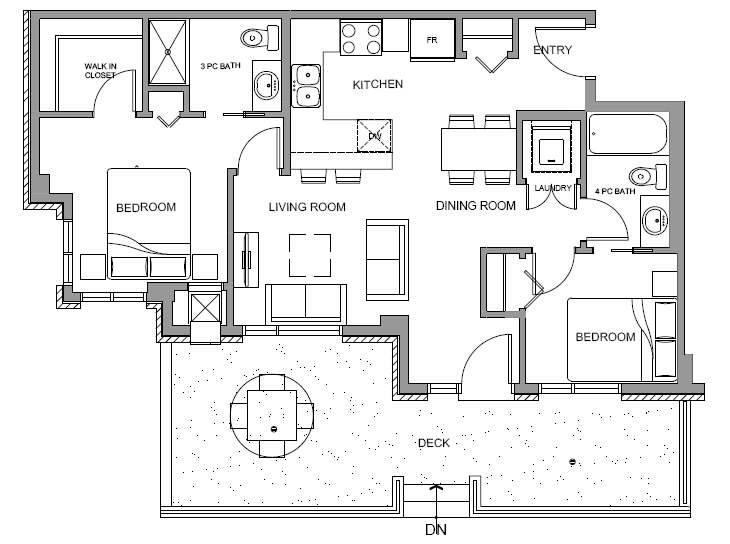 Floor plan for 2 beds, 2 baths, 773 sqft