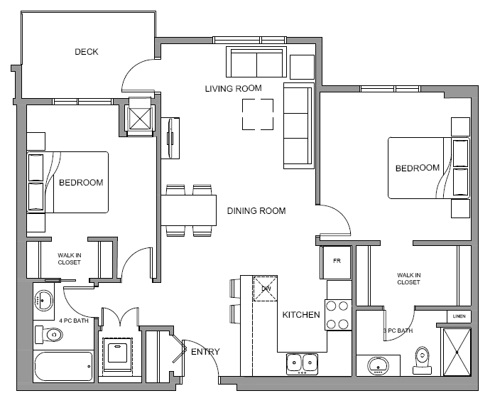 Floor plan for 2 beds, 2 baths, 948 sqft