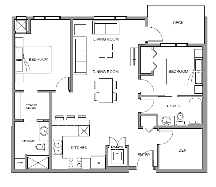 Floor plan for 2 beds, 2 baths, 957 sqft