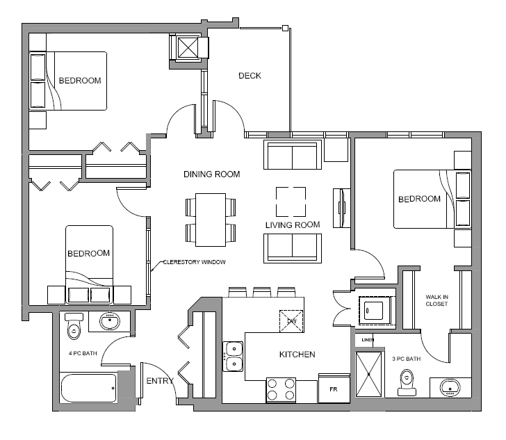 Floor plan for 3 beds, 2 baths, 1022 sqft