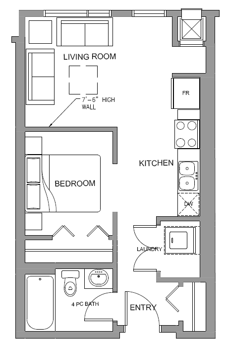 Floor plan for studio, 1 bath, 476 sqft
