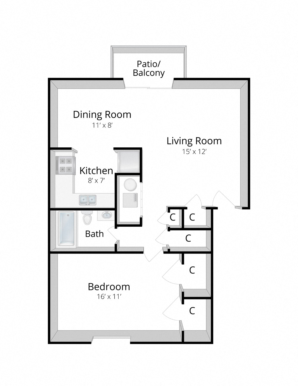 Floor plan for 1 bed, 1 bath, 744 sqft